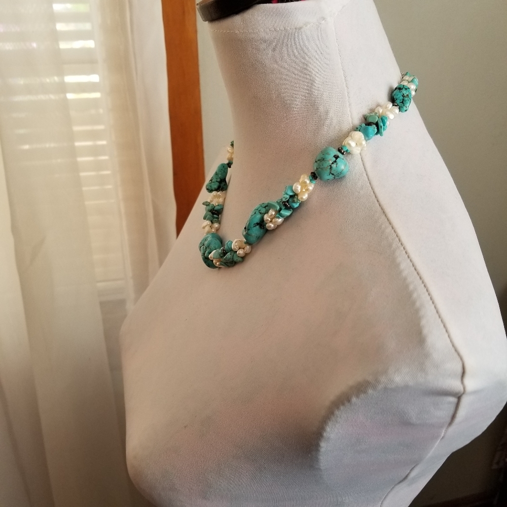 Necklace Southwestern Chunky real pearls and blue stone western style - Picture 17 of 17